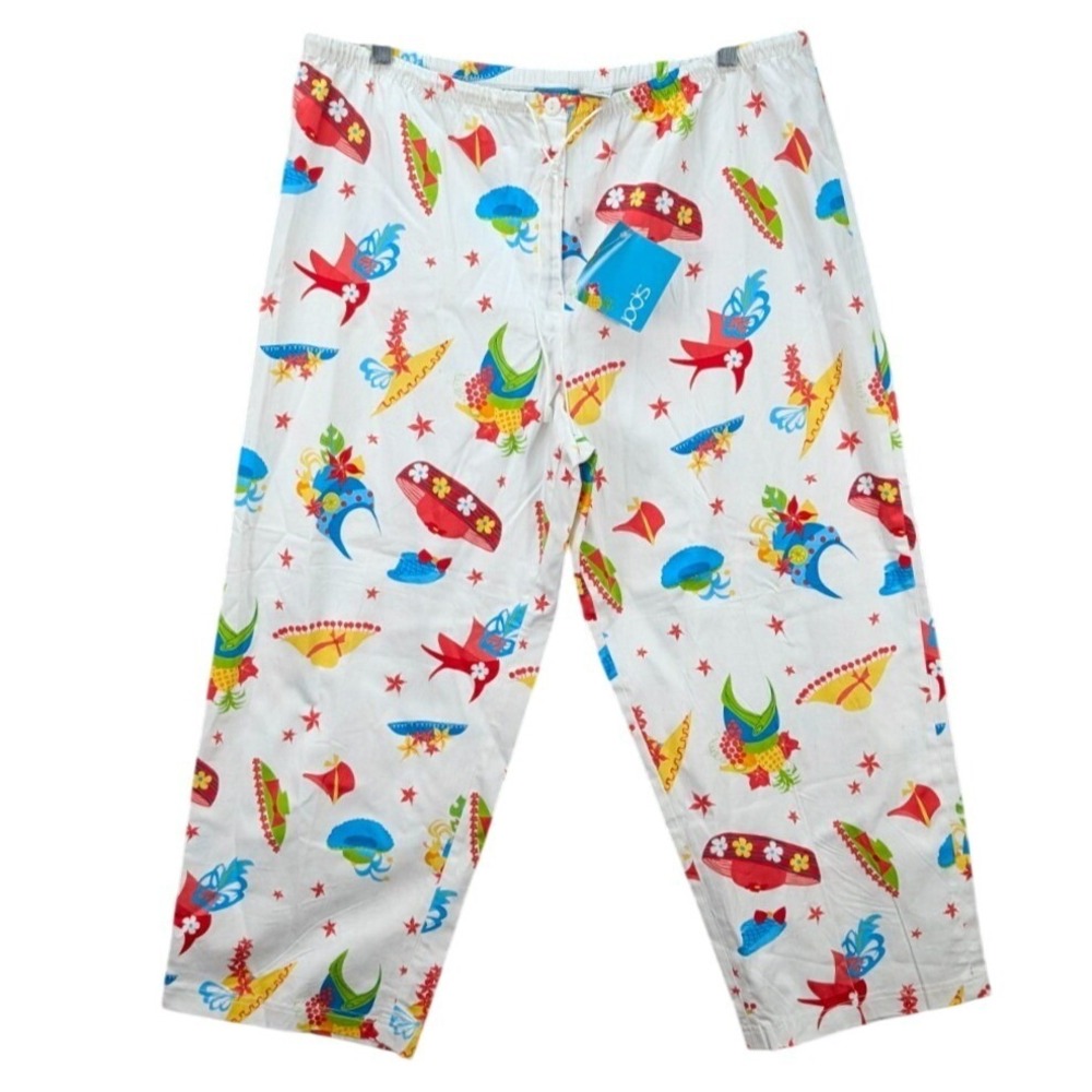 Sportelle Pants White Colorful Novelty‎ Hat Print Fun Drawstring Cropped  Size L